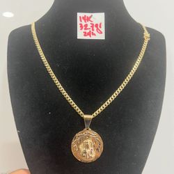 14K Solid Gold 🇨🇺 Links Chain and Pendant For Wedding 32.7Gr 24 Inches Long 