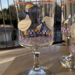 Vintage 80s Goose Themed Water Wine Goblets Set Of 3 8 Inch Height