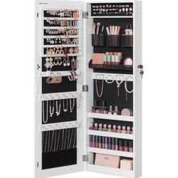Jewelry Cabinet Armoire, Lockable Wall-Mounted Organizer Unit with 2 Plastic Cosmetic Storage Trays, Full-Length Frameless Mirror, Christm