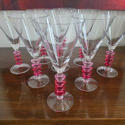 Set of 9 mouth-blown glass water goblets with hand-painted pink beaded stems by Pier 1 Imports