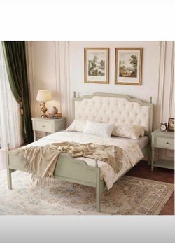 New Queen Size Elegant Upholstered Platform Bed Frame with Button Tufted Headboard, Vintage French Country Wood Bed, Cream Finish