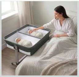 Simmons Kids By The Bed City Sleeper Bassinet for Twins - Adjustable Height Portable Crib with Wheels & Airflow Mesh, Grey Tweed