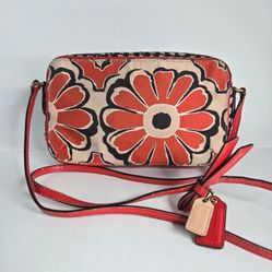 Coach F25121 Poppy Desert Sky/Neutral Floral Daisy Scarf Print/Flight Bag Crossbody Red Patent Leather Trim
