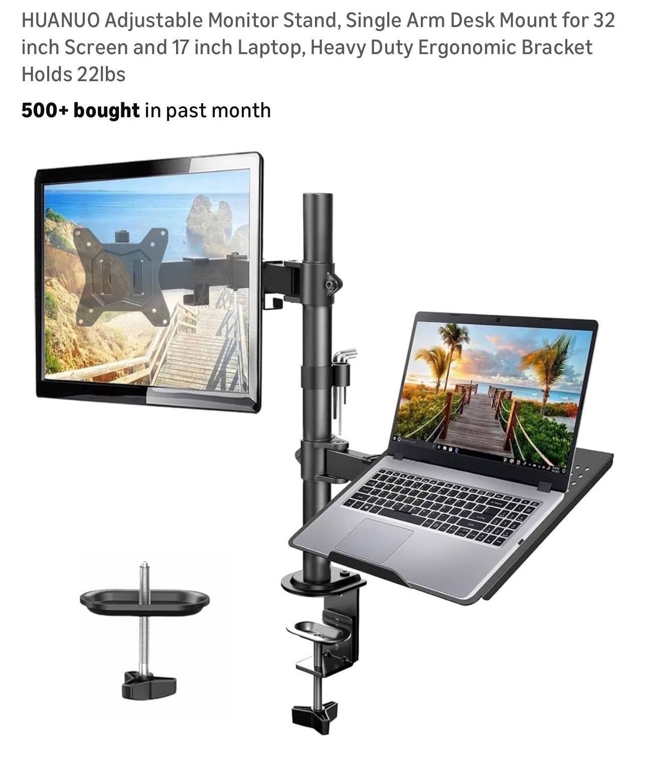 Adjustable Monitor Stand, Single Arm Desk Mount for 32 inch Screen and 17 inch Laptop, Heavy Duty Ergonomic Bracket Holds 22lbs