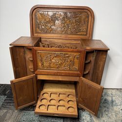 Antique Japanese Dry Bar Carved Wood Flip Open