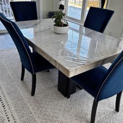 Pure White Marble Dining Table with 4 Royal Blue Chairs and Blue/White Car