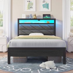 Bed Frame Twin Size with Charging Station, LED Bed with Upholstered Storage Headboard, Metal Platform Bed with Under Bed Storage, No Box Spring Needed