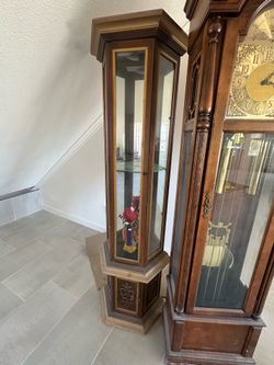 Vintage Tall Skinny Corner Glass Panel Display Case w/ Bottom Cabinet