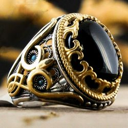 Men's Turkish Handmade Two Tone Black Zircon Vintage Ring - Size 10