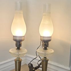 Two Vintage Electric Brass Hurricane Style Lamps With Marble & Crystal Base. In Great Condition.