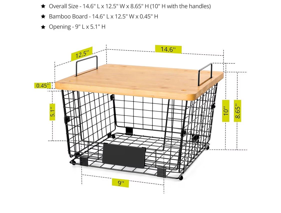 XXL Stackable Wire Basket with Bamboo Tops & Tag- Pantry Organizer and Storage Bins, Kitchen Counter Cabinet Shelf Countertop Under Sink Organizin