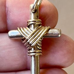 TANE Mexico Solid 925 Sterling Silver Cross Pendant W/ Gold Vermeil Knot 1.5”