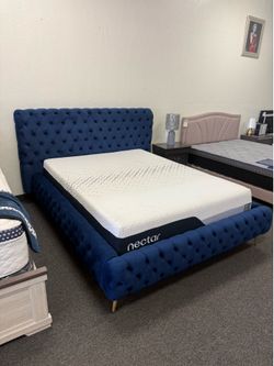 Royal blue velvet tufted bed frame