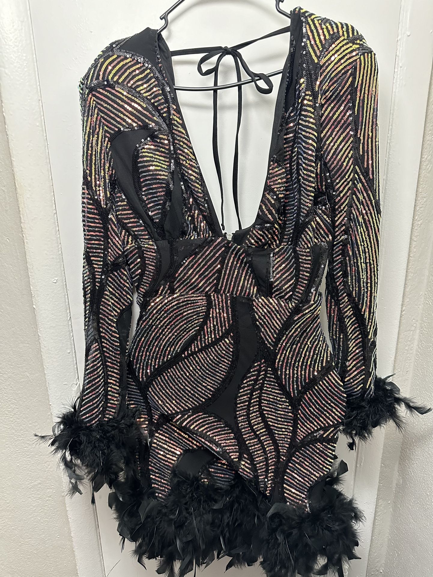 Multicolored Sequin Feather Trim Dress