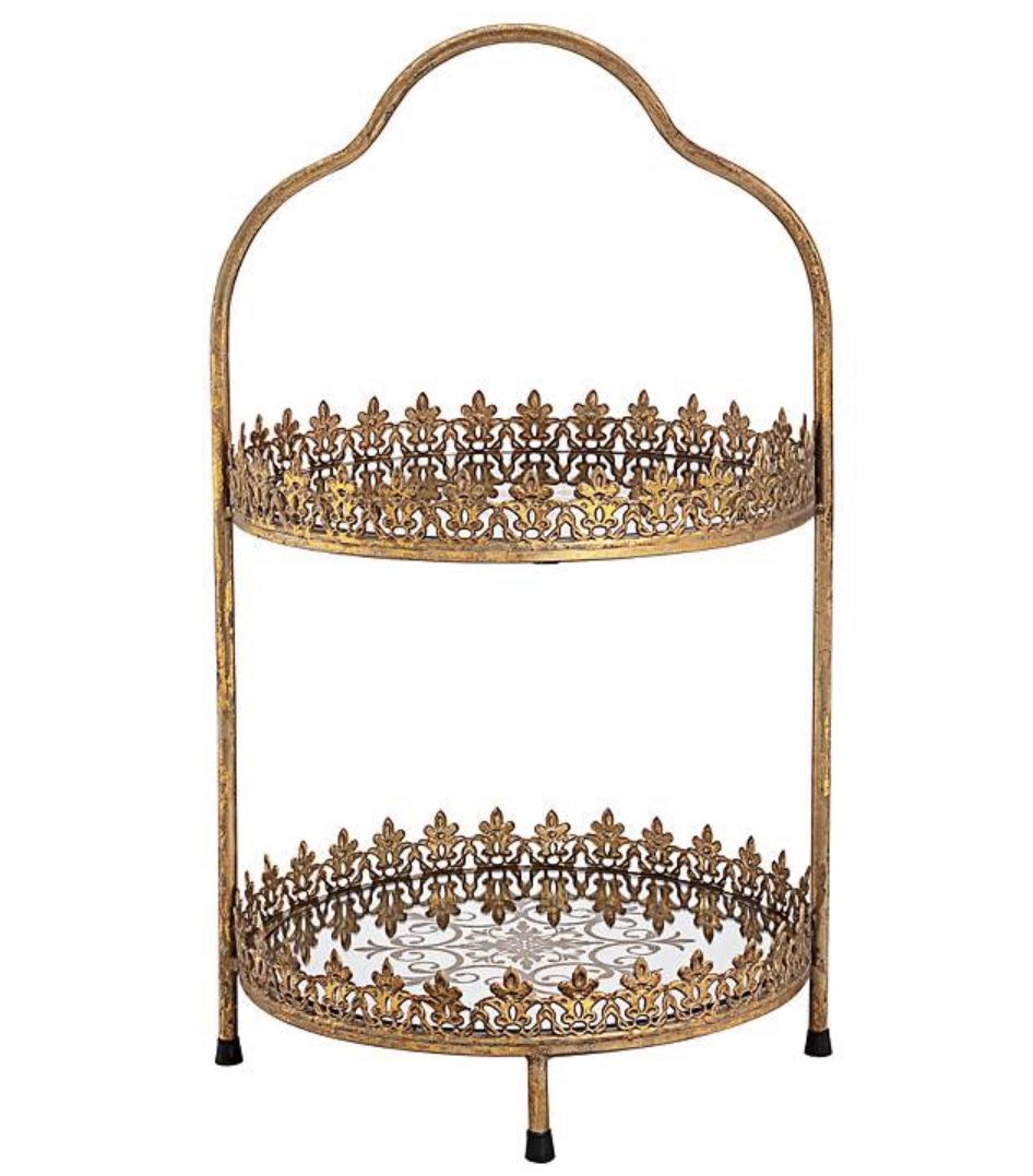 Fleur de Lis Bronze Gold 21 1/2" High Two Tier Cake Stand