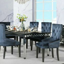 Gorgeous 7 Piece Dining Set Blue Velvet Chairs Beveled Mirror Inlay Tapered Leg CONSTRUCTION Leaf To Make Table 90" Long Pull Ring Accent On Chairs 