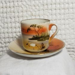 Takito china cup and saucer hand painted pond & swan scene ( On Vacation) 