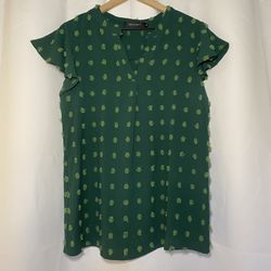Merokeety Green Pom Pom Womens M Short Flutter Sleeve Blouse Tunic V-Neck EUC