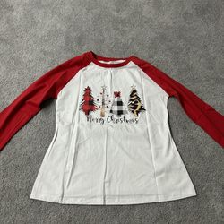 Christmas Tshirt Women Christmas trees Print long Sleeve Baseball Tshirt large