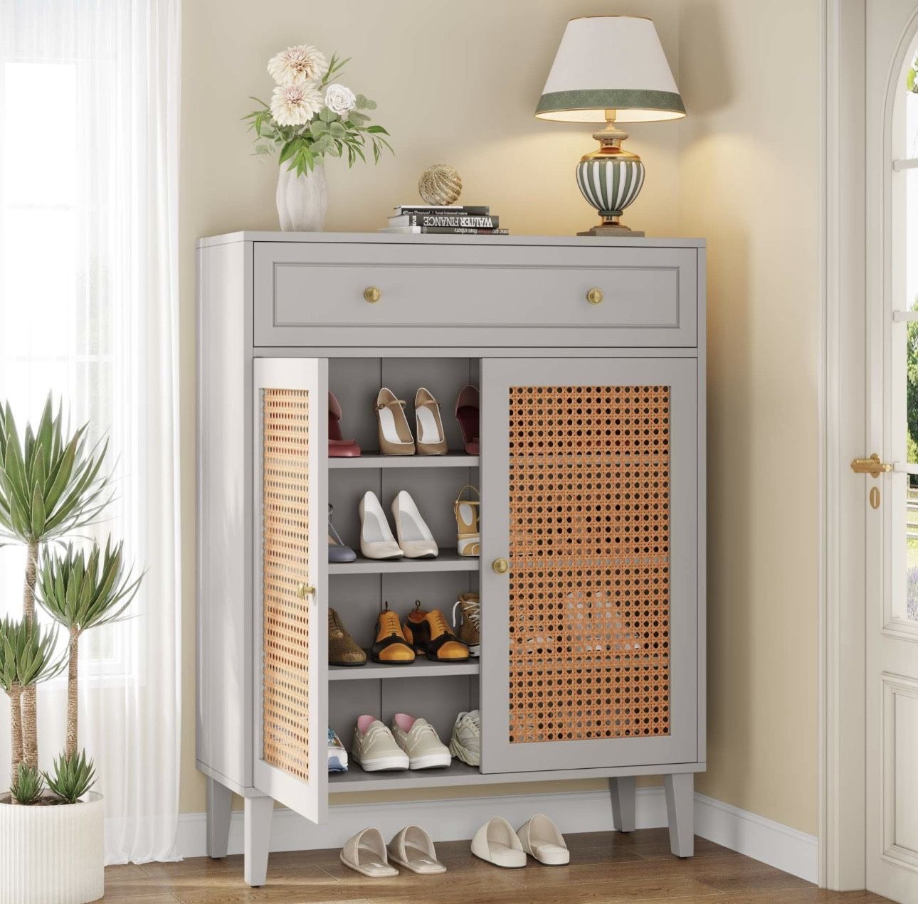 F1880 new assembled Wooden Shoe Cabinet, Rattan Shoe Organizer with Doors and Drawer