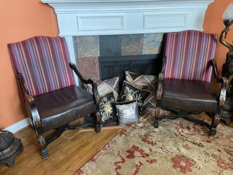 Pair of Baroque Throne Armchairs — Carved Ebonized Frame, Leather Seat, Striped Back