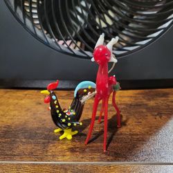 Vintage Murano Style Blown Glass Reindeer And Rooster Figurines Rare  Q