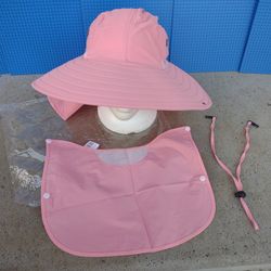 Women's Pink UPF+ Detachable Face Mask Neck Flap Visor Wide Brim Sun Protection 