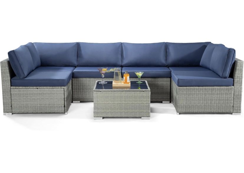 Patio Furniture Set 7 Pieces Outdoor Wicker Sectional Sofa - All Weather PE Rattan Couch Conversation Set with Cushion & Glass Top Table for Backyard 