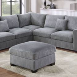 New Gray Or White Corduroy Sectional And Ottoman Sofa Couch 