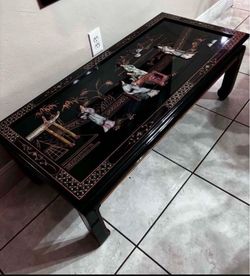 Mid Century Modern Black Lacquer Chinoiserie Coffee Table 48”Lx22”Wx16”H