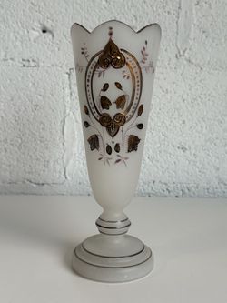 Antique Vintage Victorian Style Satin Glass Vase Hand Painted Gold Floral 9"