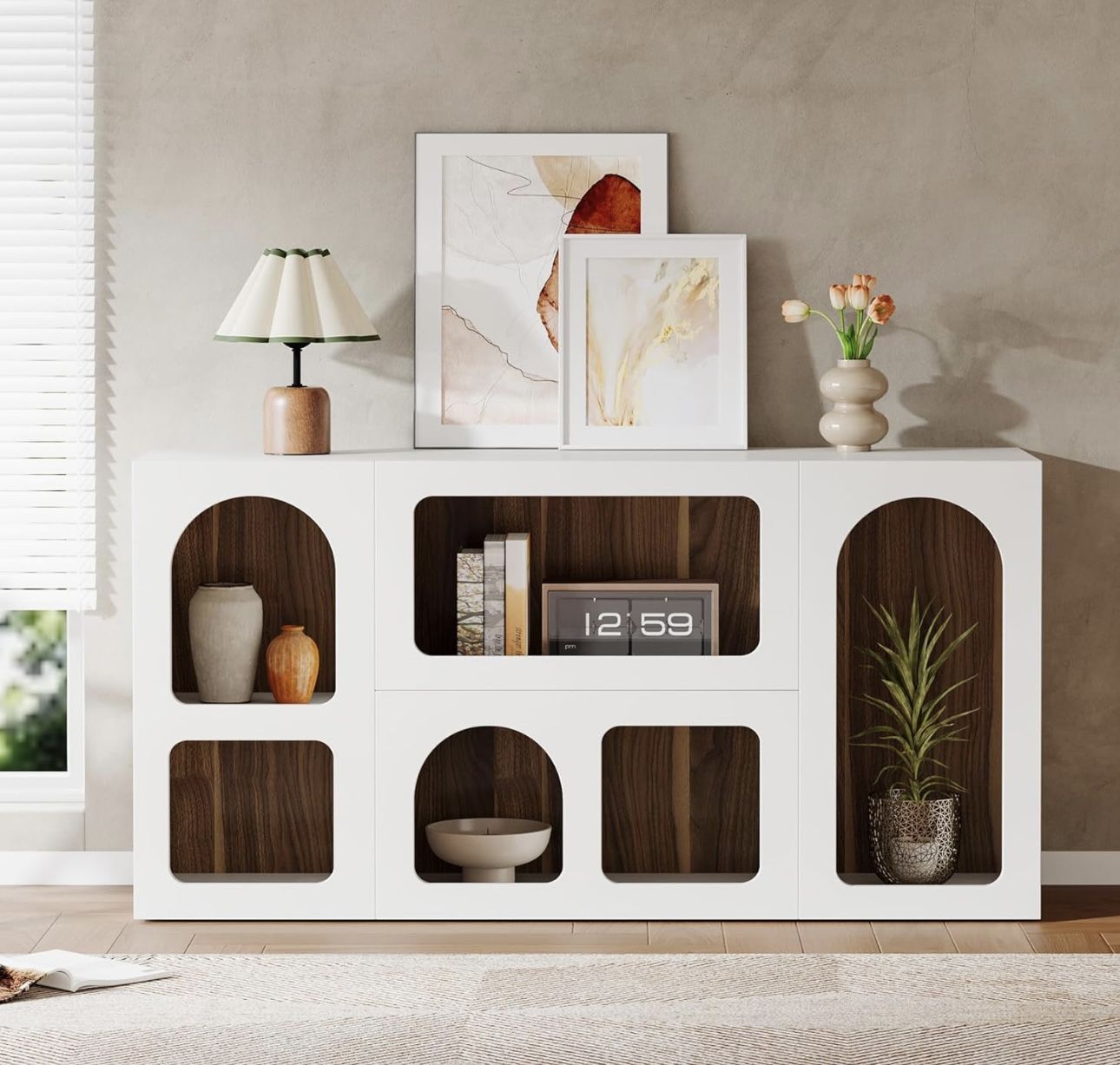 New assembled 59" White Console Table, Modern Entryway Table, Wooden Storage Organizer Entrance Table with 6 Compartments, Long Sofa Table, Behind Cou