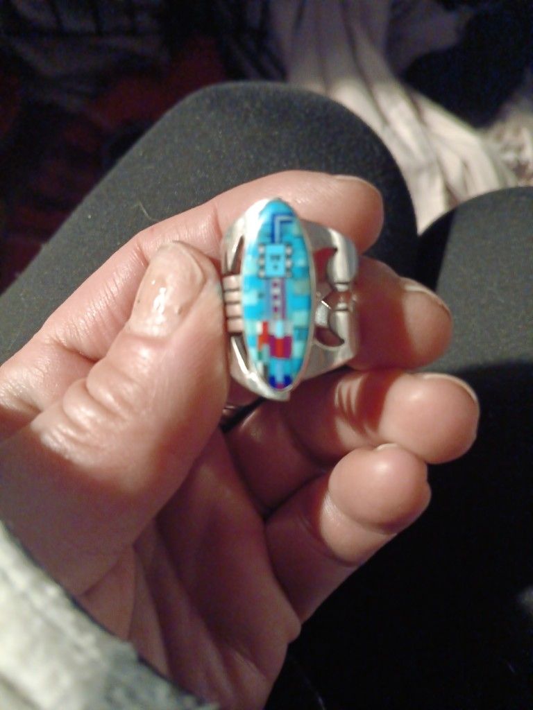 Micro Mosiac Ring Signed By Nez Family Turquoise