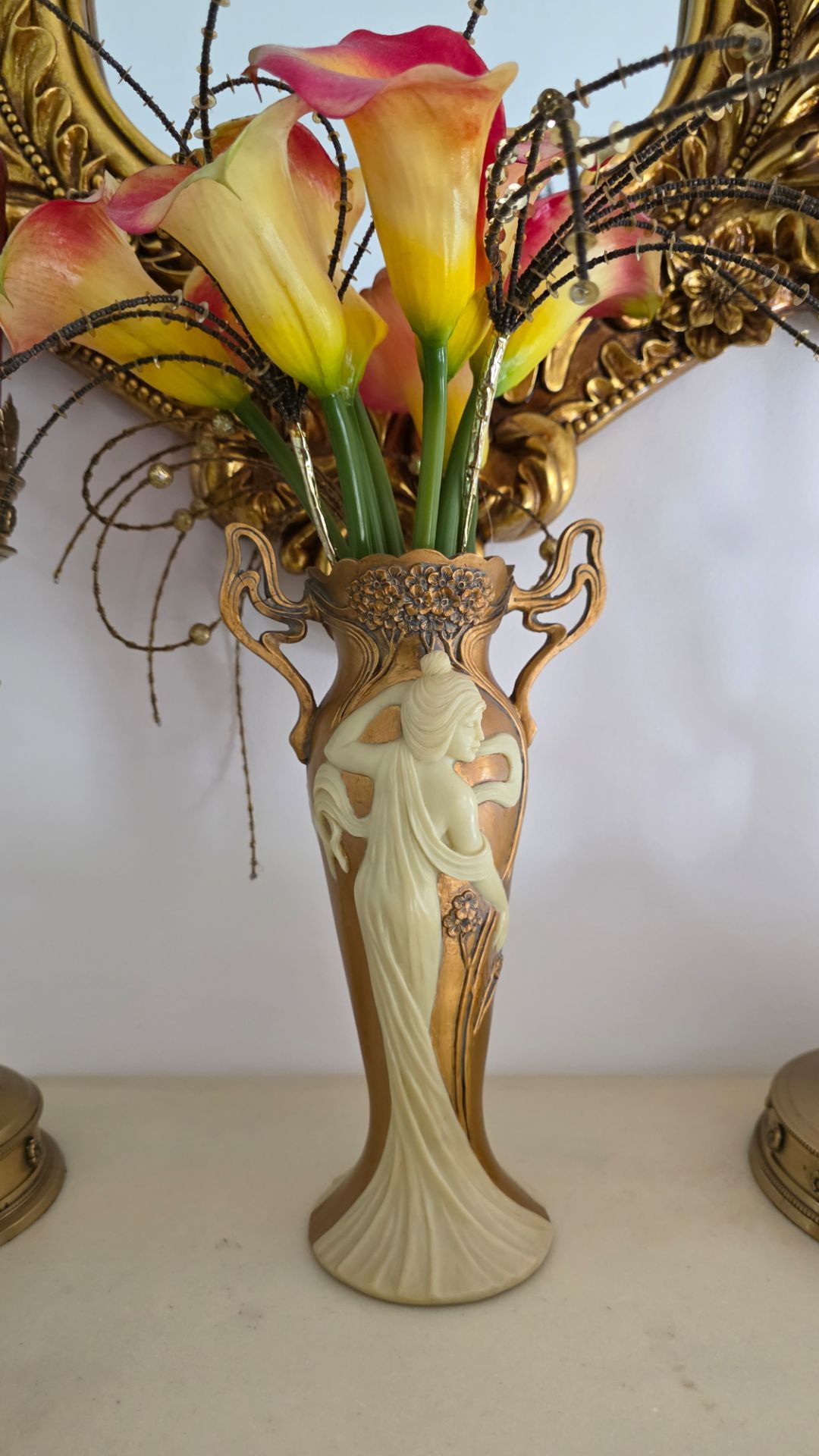 Art Nouveau Figural Vase — Draped Woman, Gold & Ivory, Faux Floral Arrangement Included