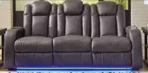 Brown Leather Theater Power Sofa and Loveseat Set