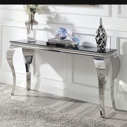 BRAND NEW HEAVY STAINLESS STEEL ENTRY SOFA TABLE CONSOLE WITH BLACK BEVELED GLASS