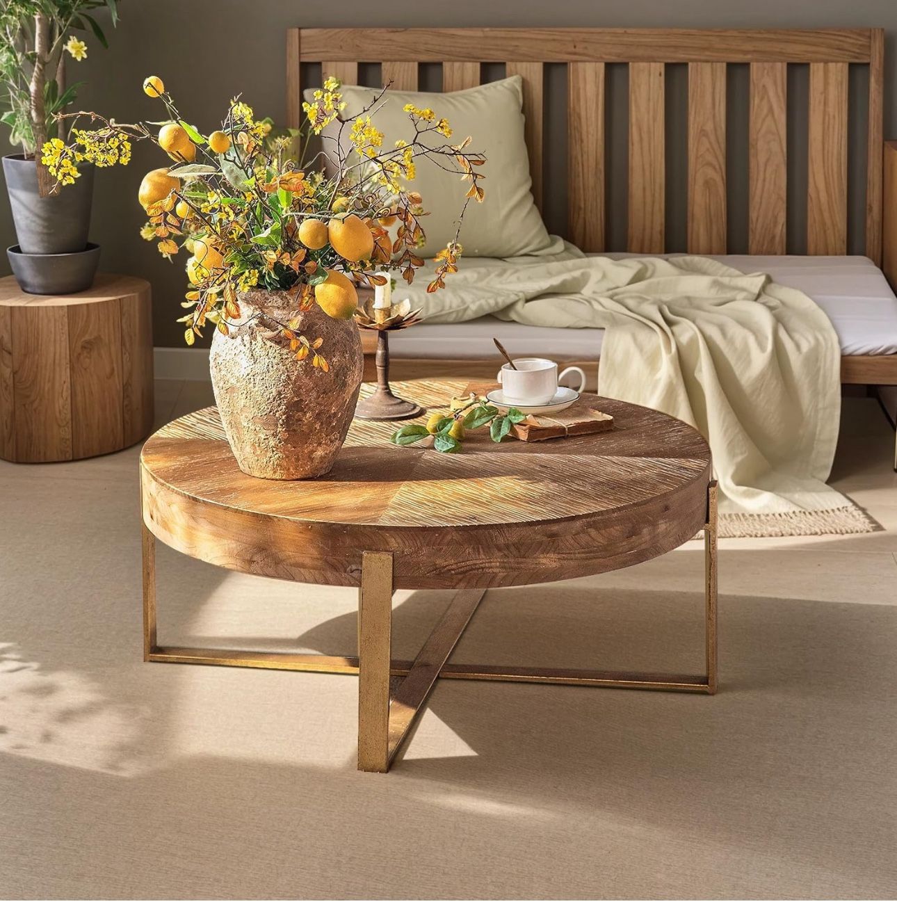 Round Wood Coffee Table Circle Wooden Coffee Table with Gold Metal Legs Espresso 32.28" D x 32.28" W x 17.72" H for Living Room, Rustic, Vintage, Easy