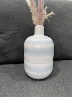 Like New Striped Ceramic Vase in Soft Blue and White