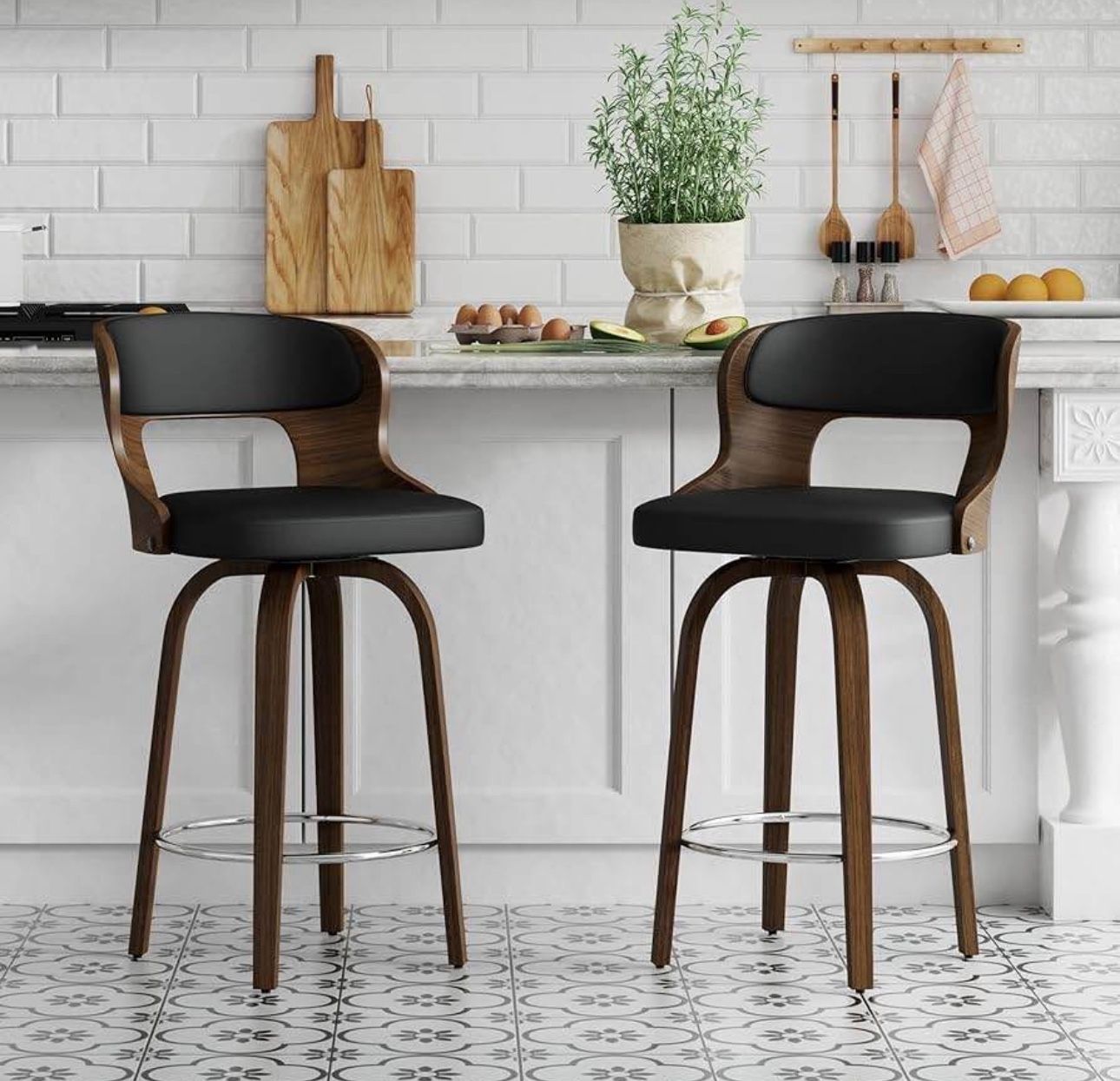 Counter Height Bar Stools 26" Barstools with Bentwood Legs and Back,Leather Swivel Counter Stools,Mid Century Swivel Set of 2 for Kitchen,Restaurant (