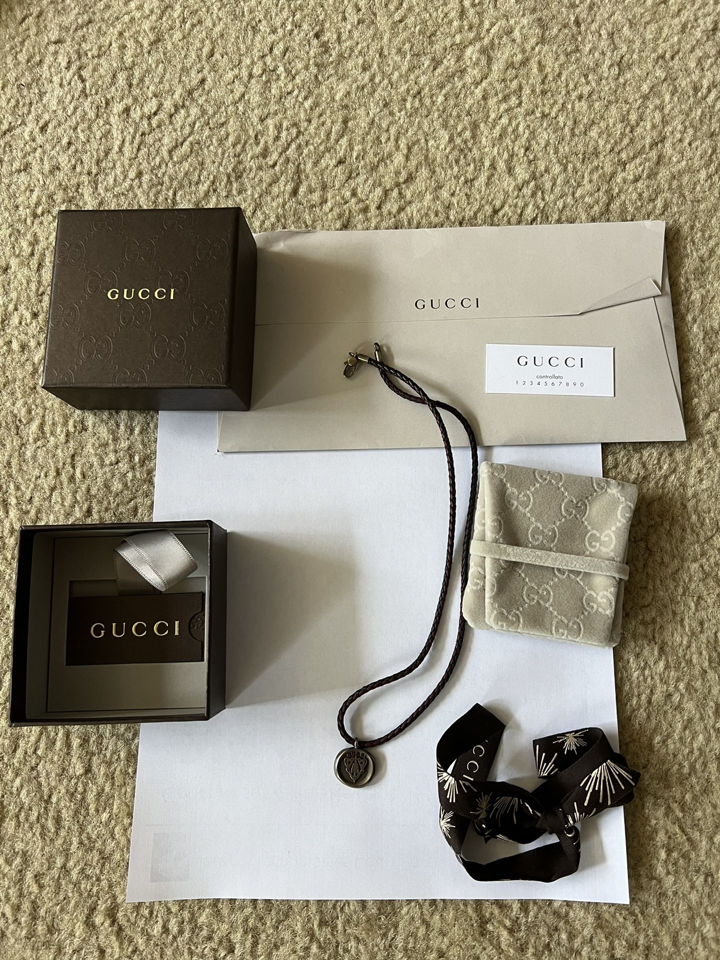 Authentic Gucci Leather Necklace + Gucci Crest Pendant