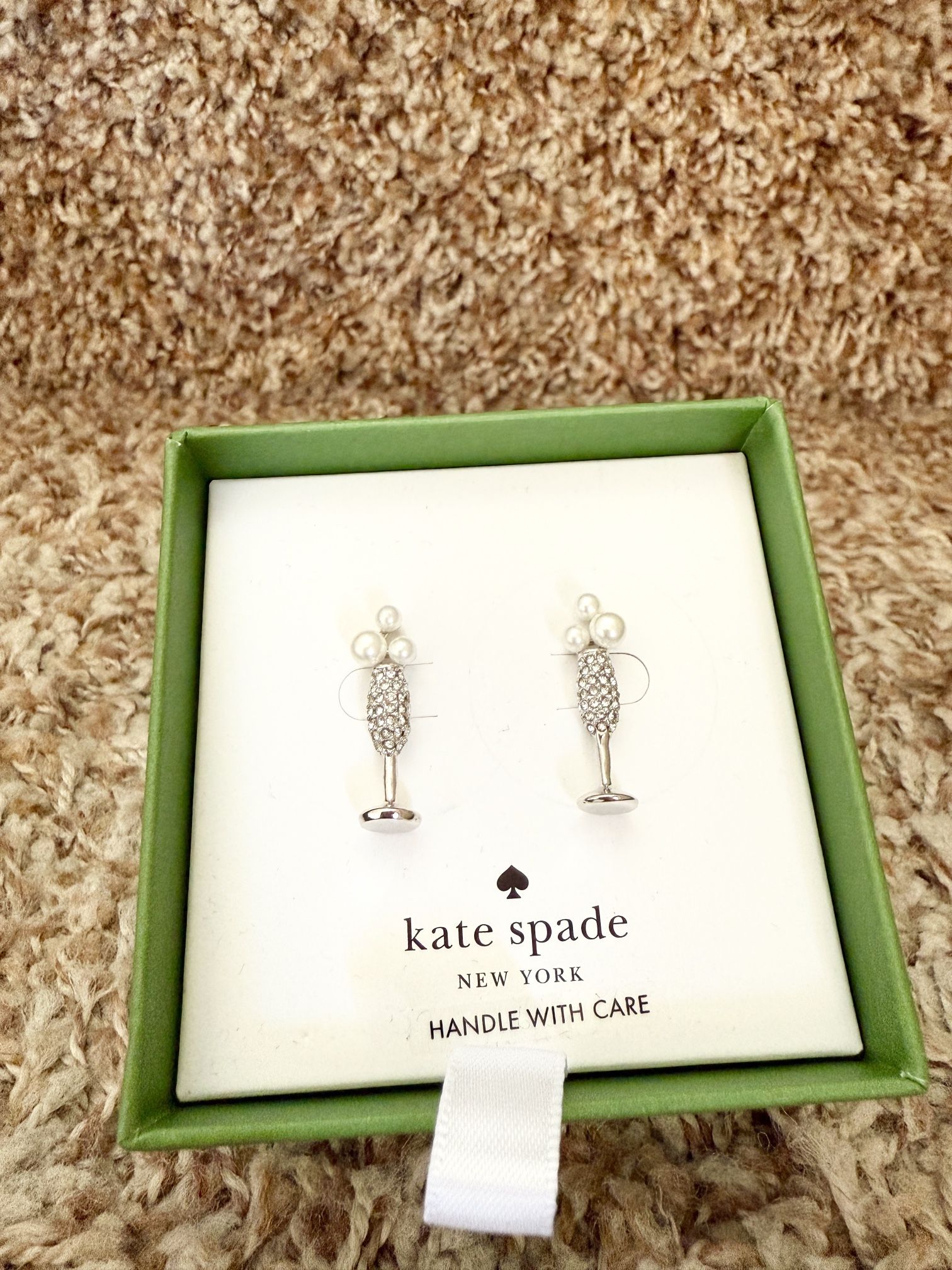 💲18.5🍻Kate Spade "Cheers to That" Silver Stud Earrings Cubic Zirconia