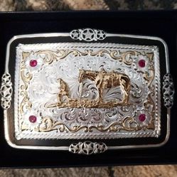 Belt Buckle.  Cowboy & His Horse. Montana Silversmiths.  With 4 CZ  Ruby's 