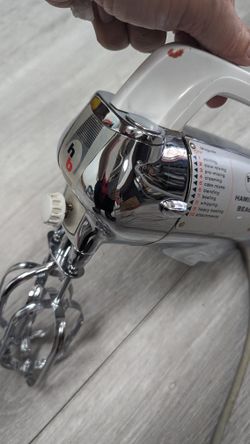Hamilton Beach hand mixer with chrome and white finish