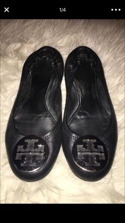 Tory Burch Scrunch Heel Ballet Flats sz 9 M Supple Black Leather w/ Silver Logo