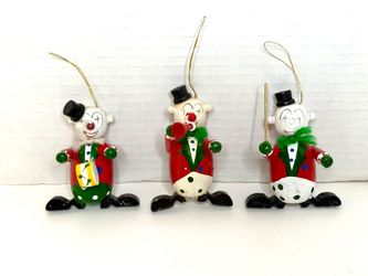 Vintage Wooden Clown Drummer, Clown Trumpet Player and Clown Band Conductor Christmas Ornaments Set