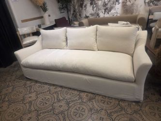 Brand new gorgeous performance slipcover bench seat sofa upholstered in performance fabric