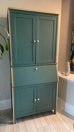 Teal Secretary Desk Cabinet with Hutch