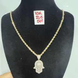 10K Solid Gold Rope Chain and Pendant CUBIC ZIRCONIUM STONES 26Gr 24 Inches Long 