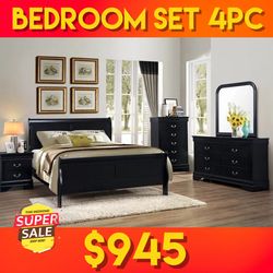 New Black Queen Bedroom Set 4pc ( Bed, Dresser, Mirror, Nightstand) - Delivery Available 