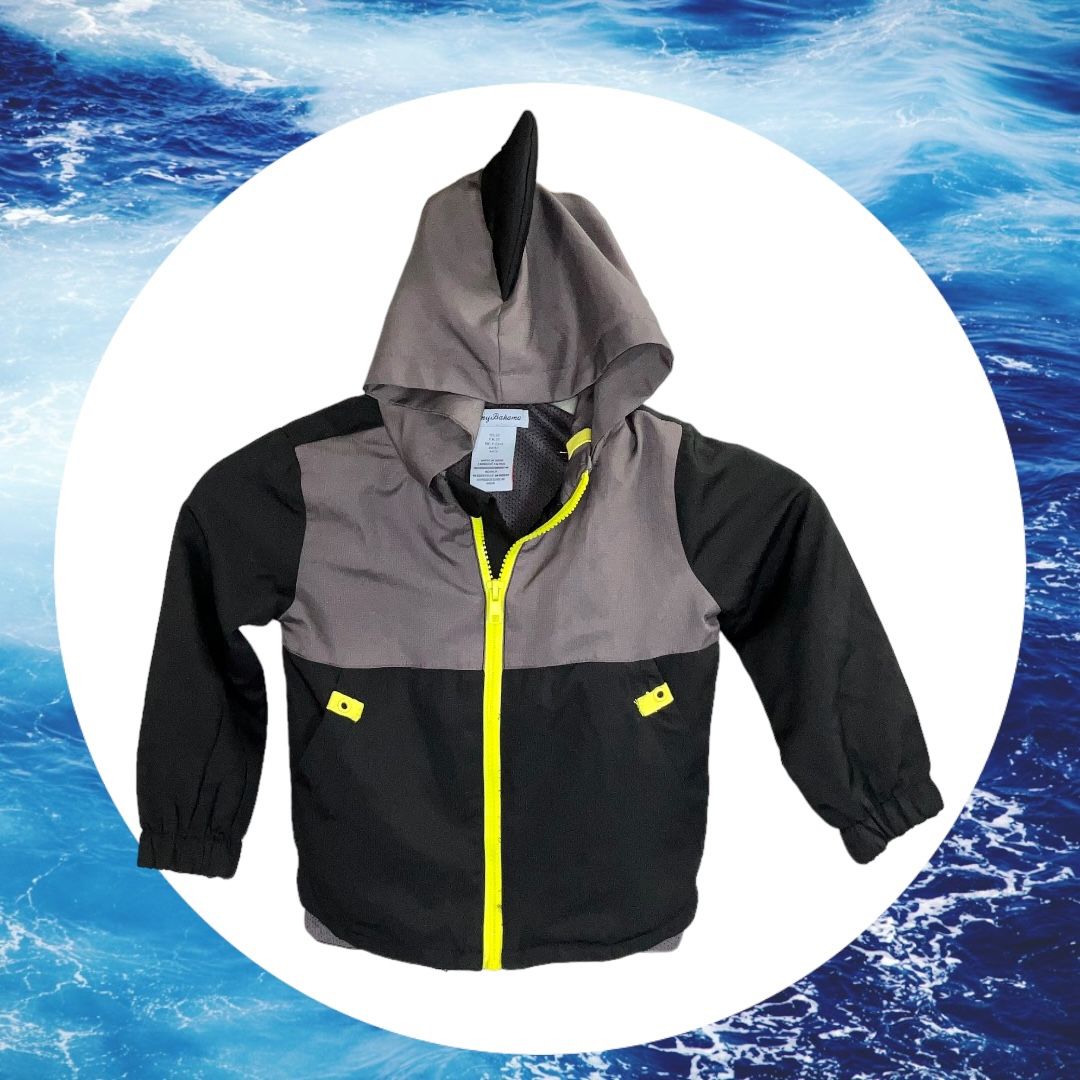 Tommy Bahama Black Gray Neon Yellow Zip Lined Hoodie Windbreaker w Shark Fin Boys 2T